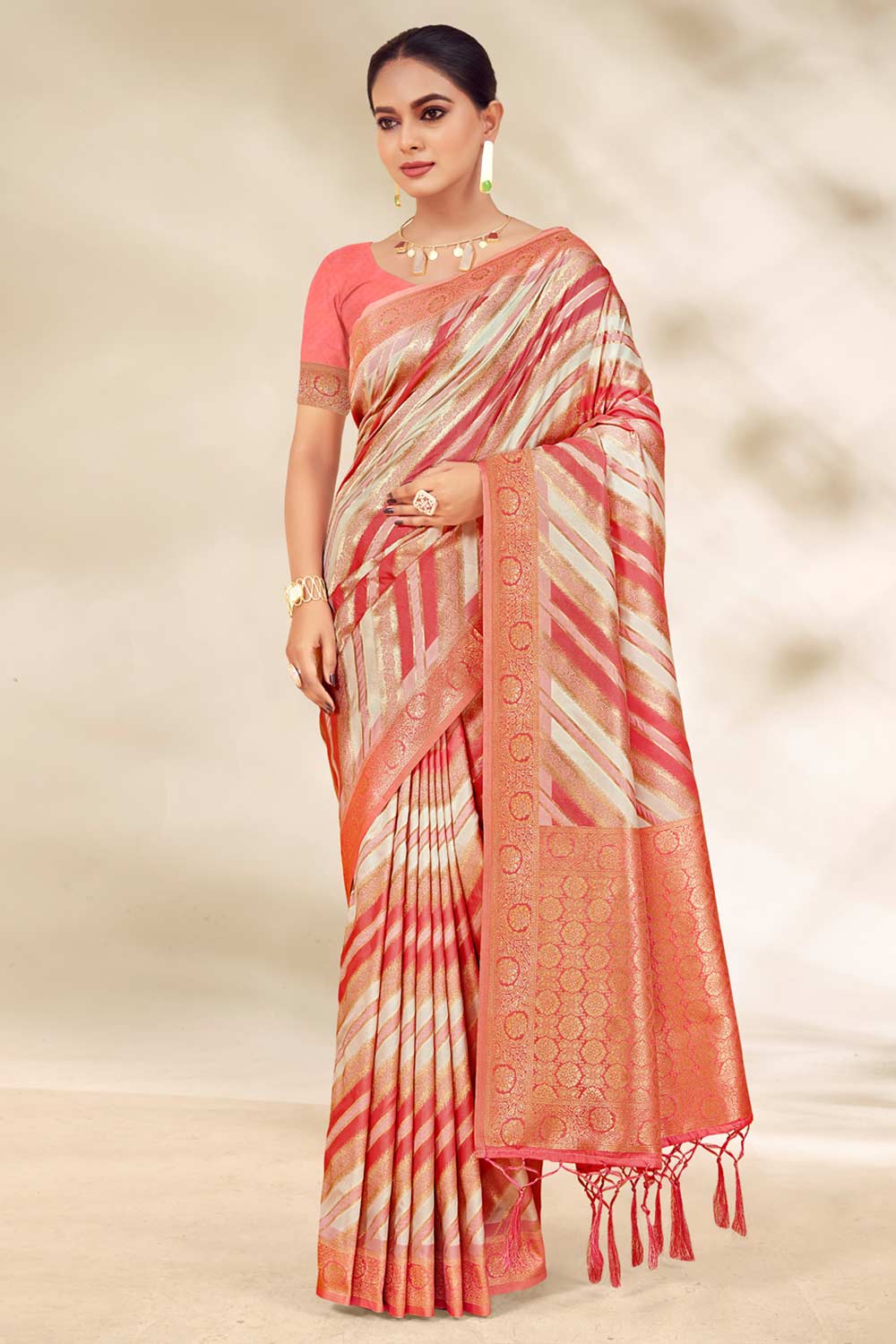 Peach Cotton Woven Saree