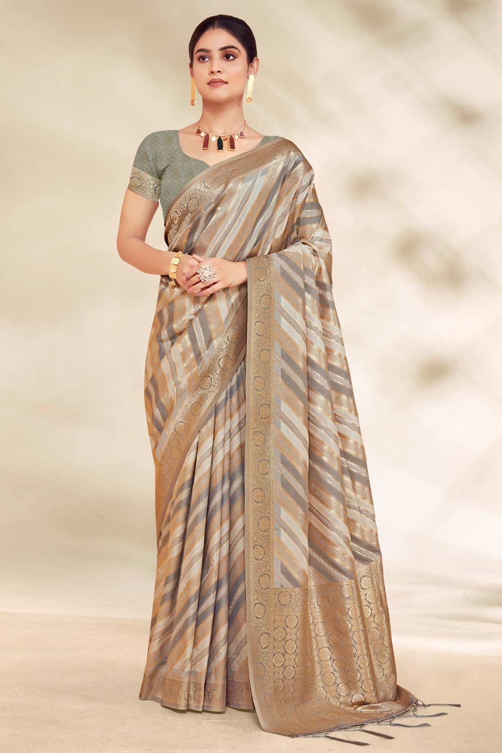 Grey Cotton Woven Saree