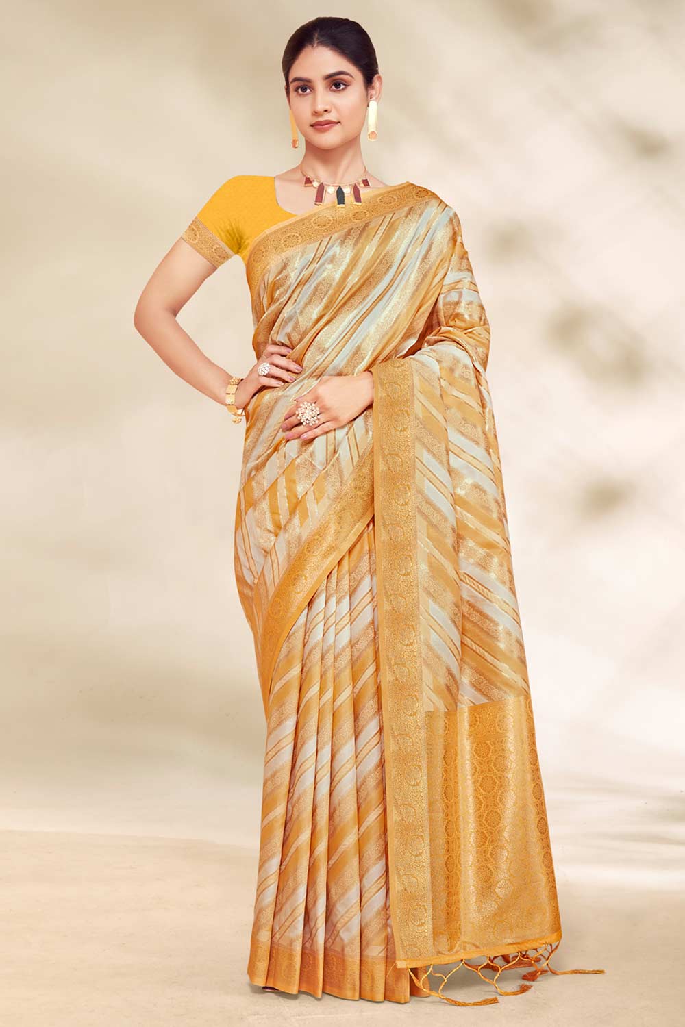 Yellow  Cotton Woven Saree