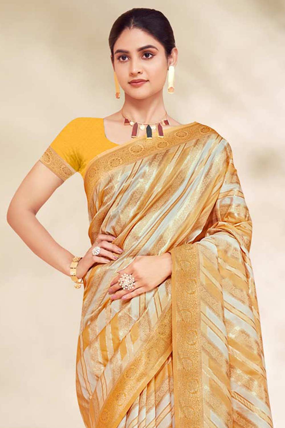 Yellow  Cotton Woven Saree