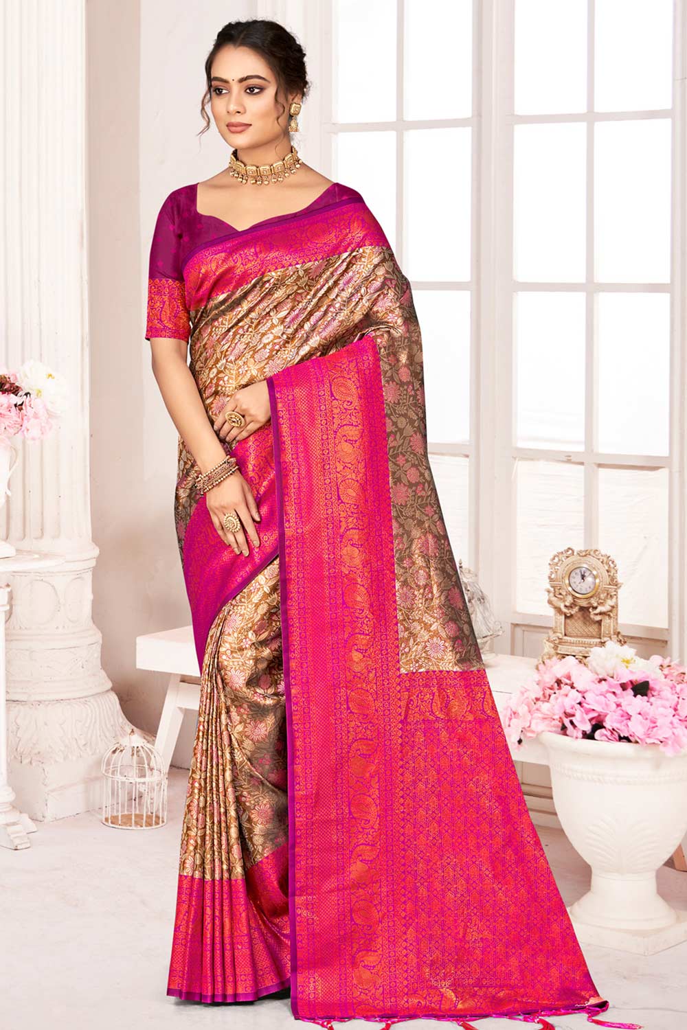 Brown Kanjivaram Silk Woven Saree