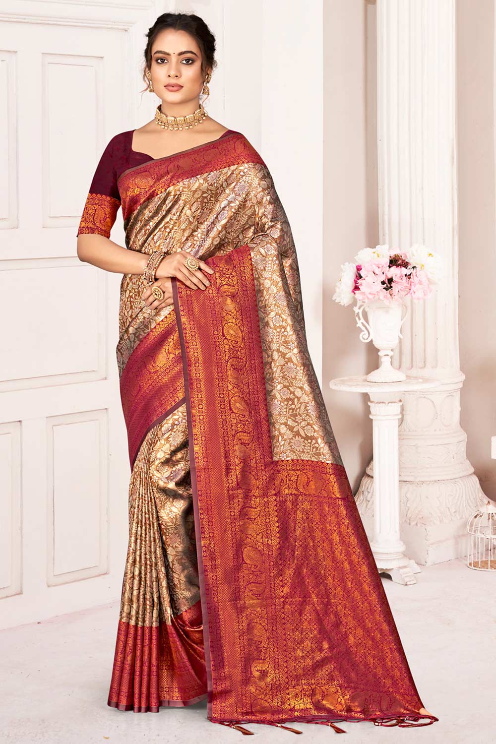 Brown Kanjivaram Silk Woven Saree