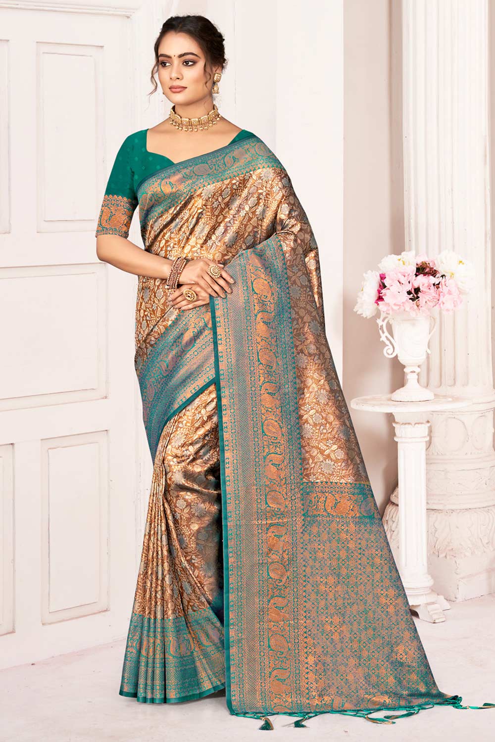 Brown Kanjivaram Silk Woven Saree