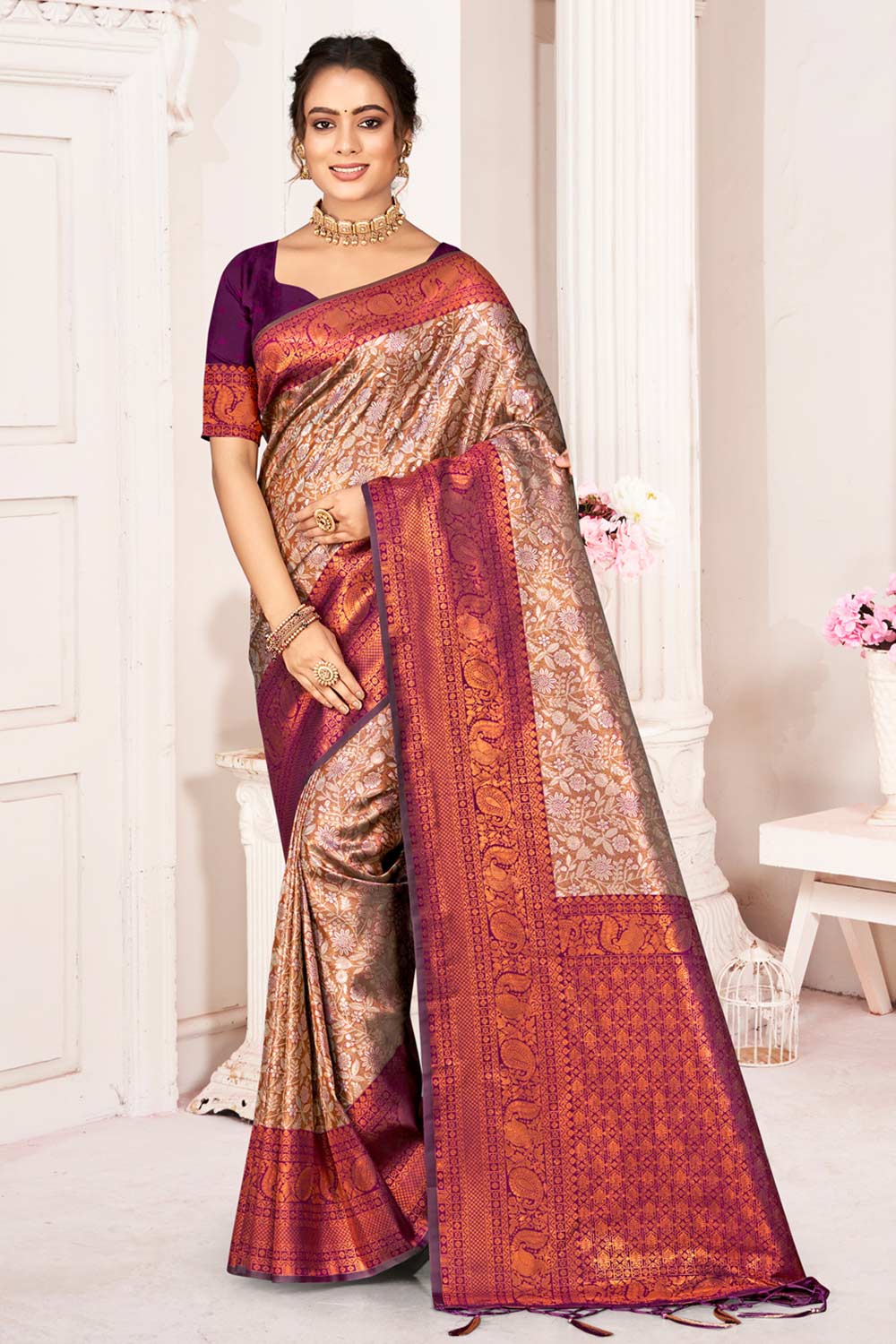 Brown Kanjivaram Silk Woven Saree