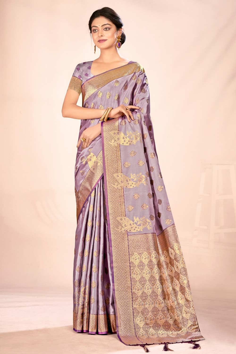 Lavender Satin Silk Woven Saree