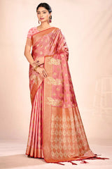 Peach Satin Silk Woven Saree