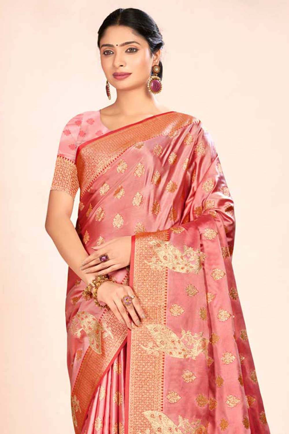 Peach Satin Silk Woven Saree