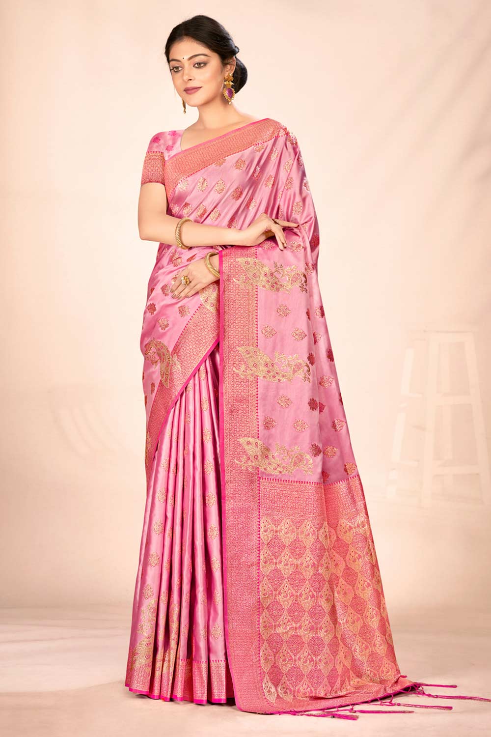 Pink Satin Silk Woven Saree