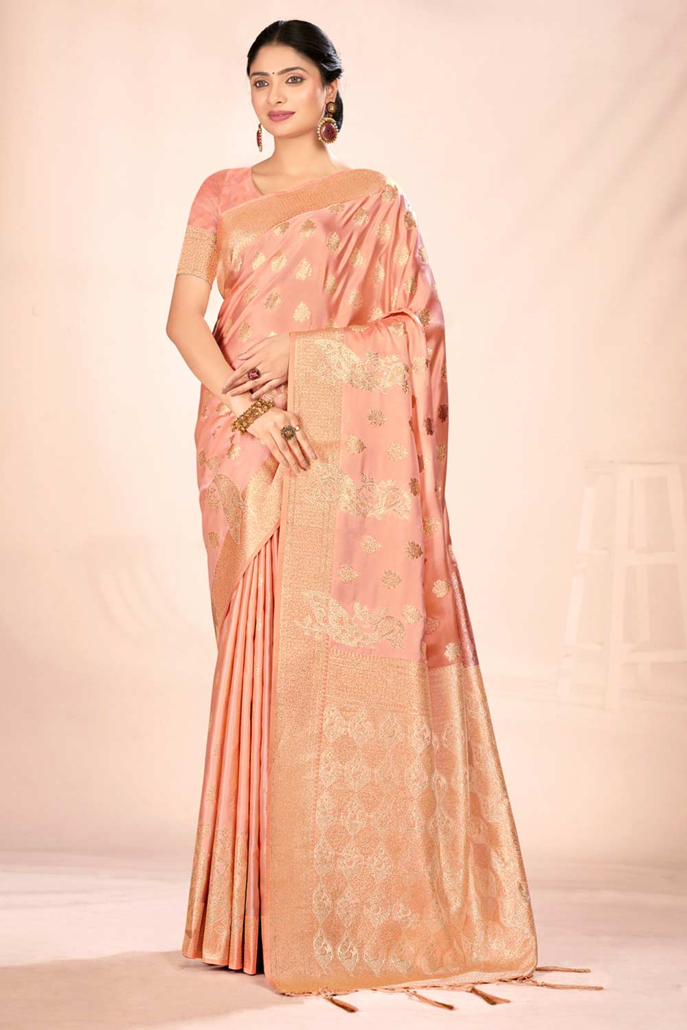 Peach Satin Silk Woven Saree