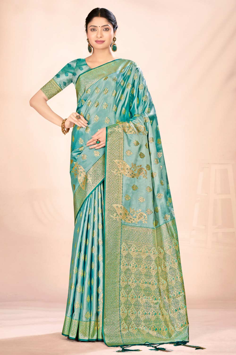 Teal Satin Silk Woven Saree