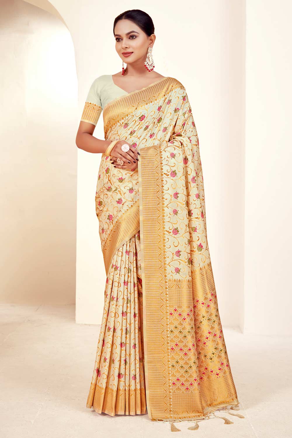 Cream Banarasi Silk Woven Saree