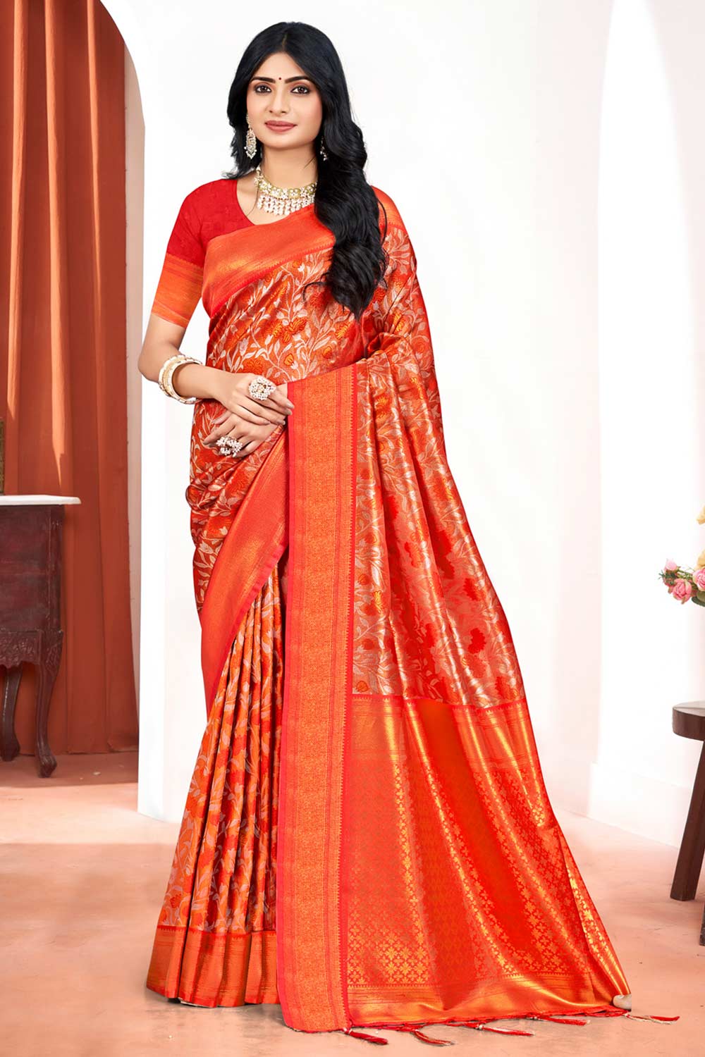 Orange Kanjivaram Silk Woven Saree