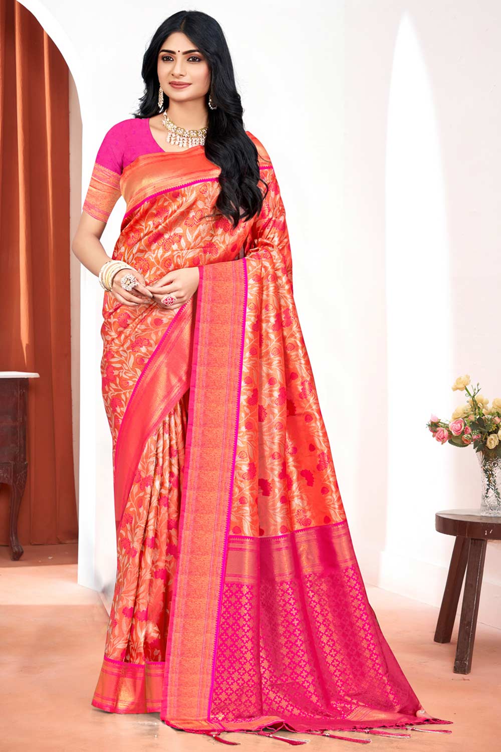 Orange Kanjivaram Silk Woven Saree