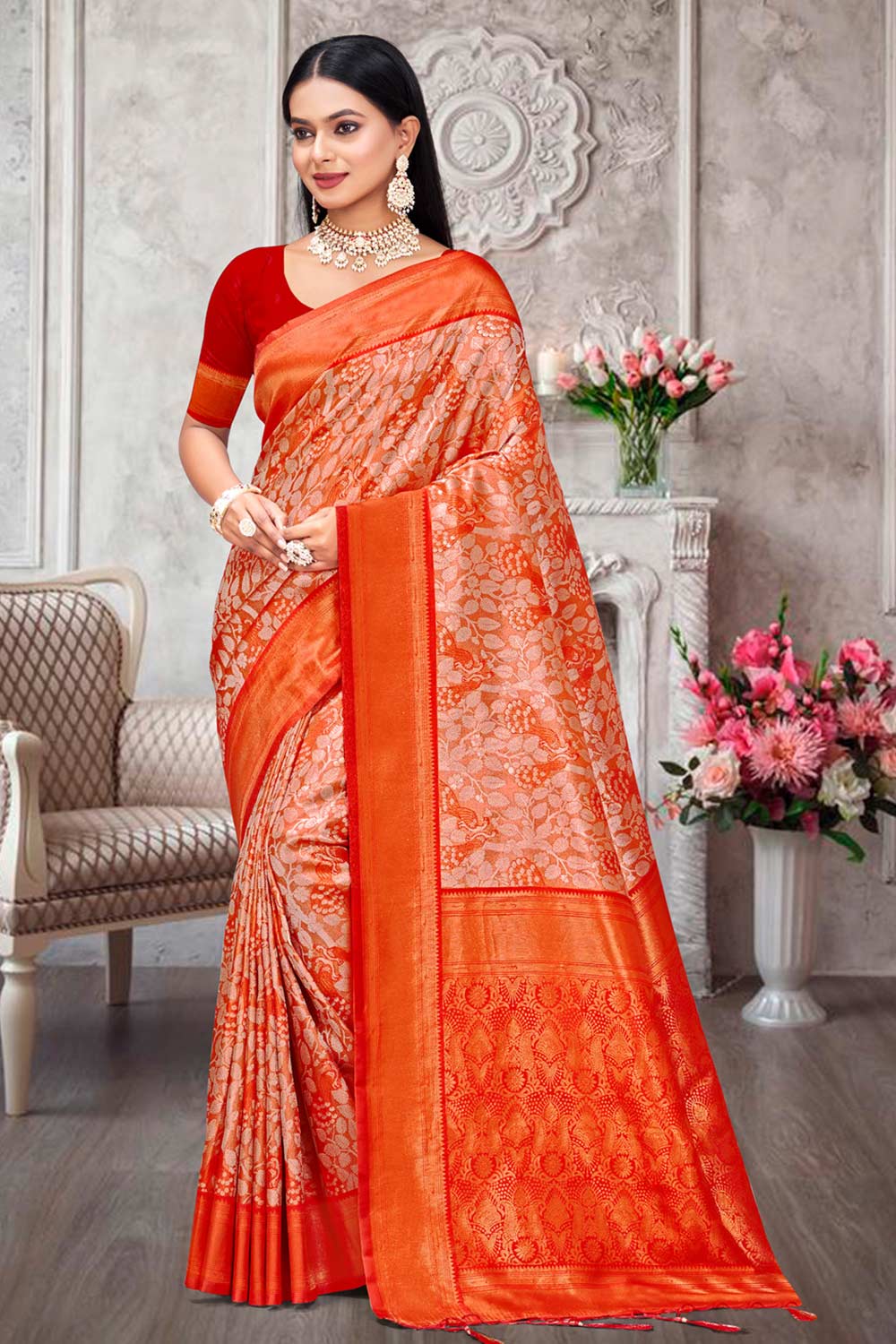 Orange Kanjivaram Silk Woven Saree