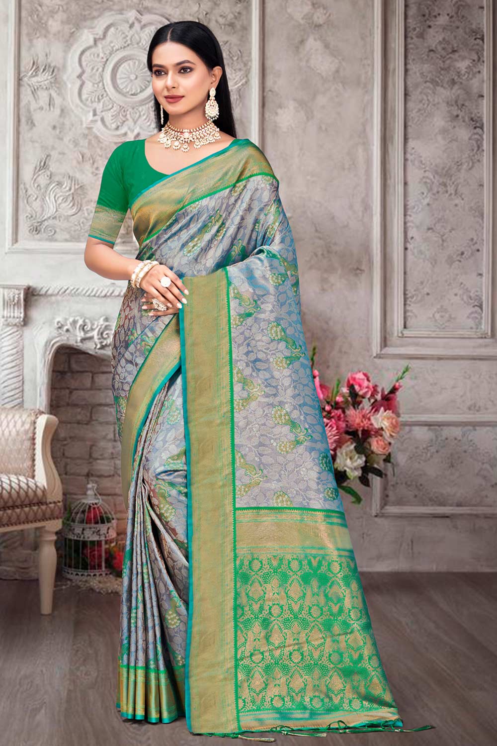 Grey Kanjivaram Silk Woven Saree