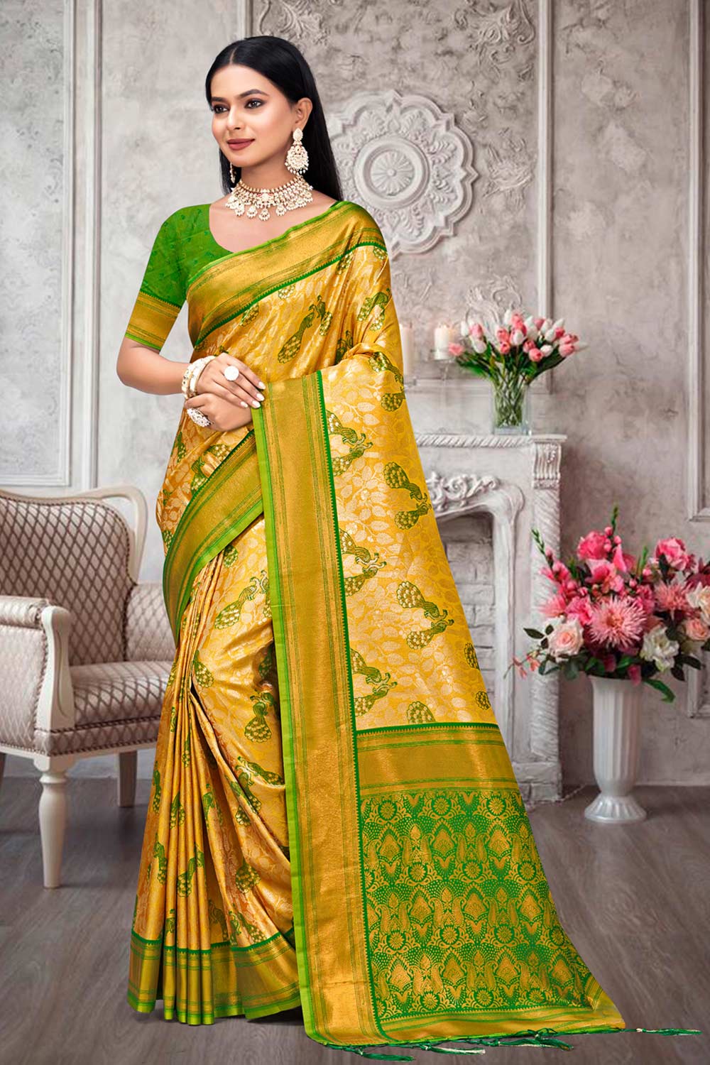 Yellow  Kanjivaram Silk Woven Saree