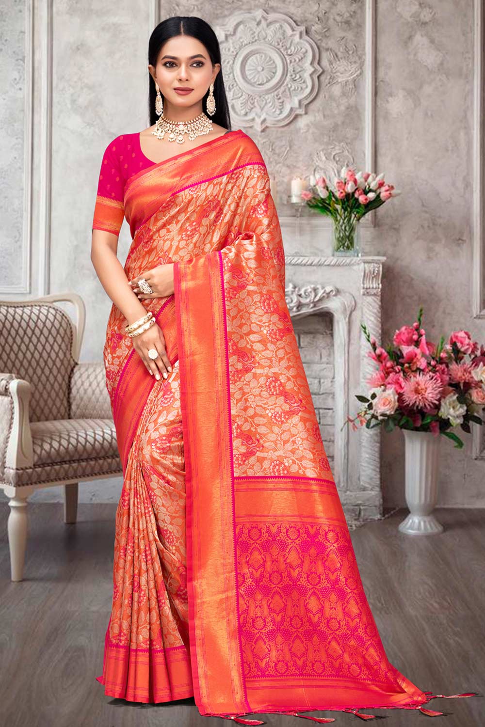 Orange Kanjivaram Silk Woven Saree