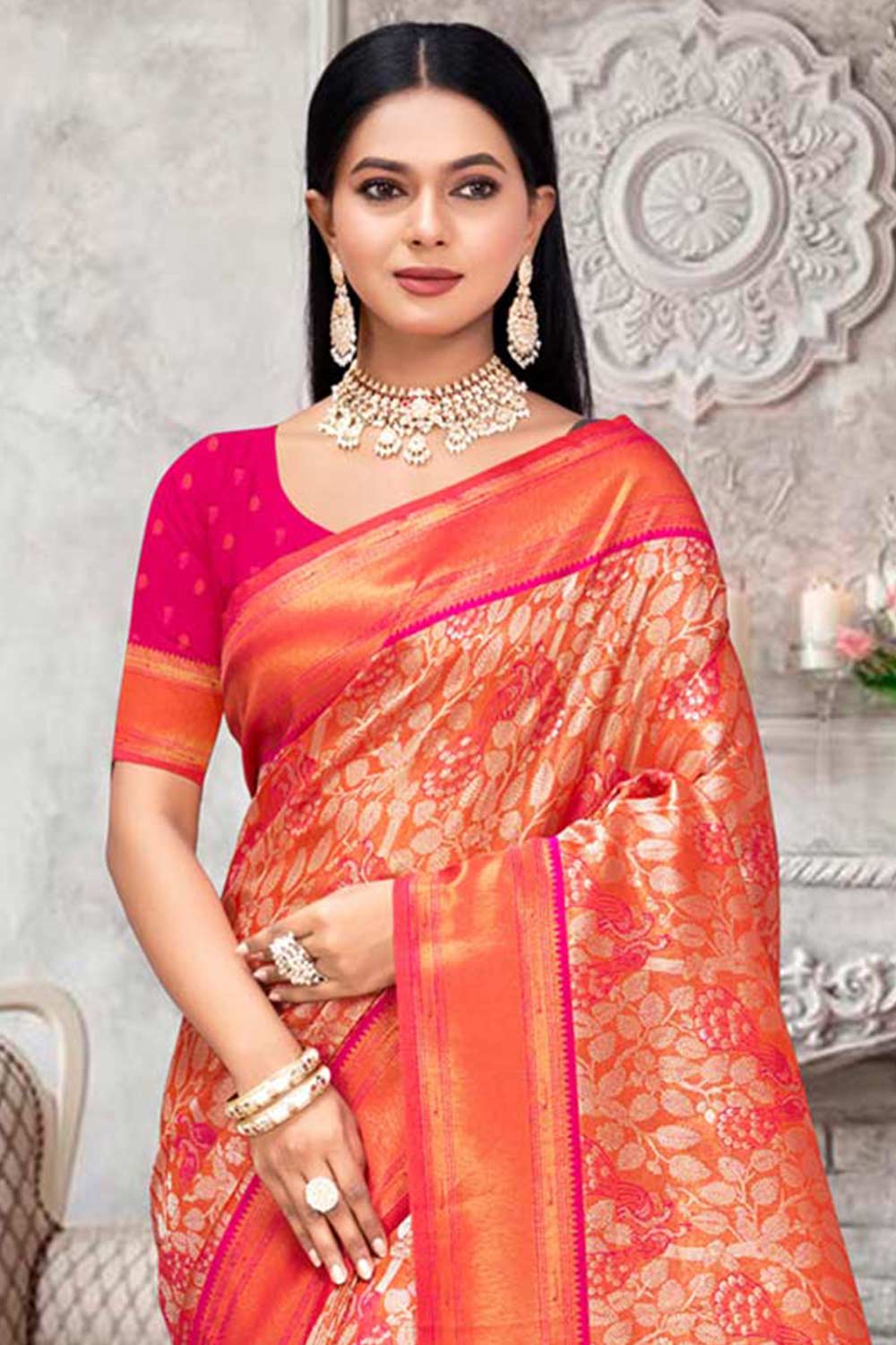 Orange Kanjivaram Silk Woven Saree