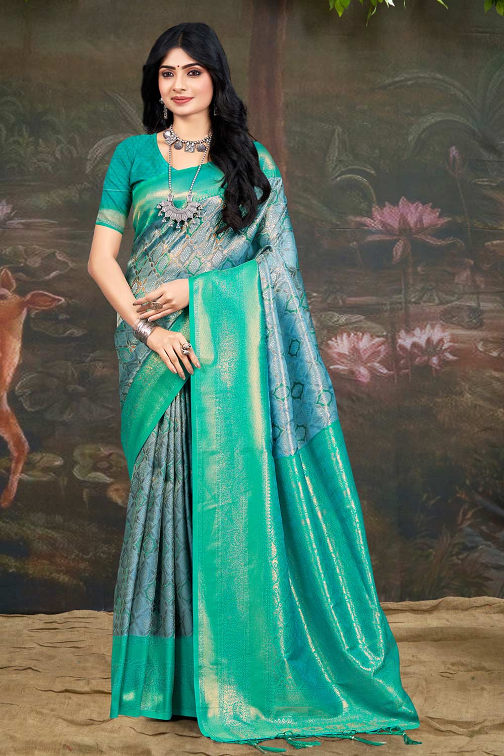 Teal Kanjivaram Silk Woven Saree