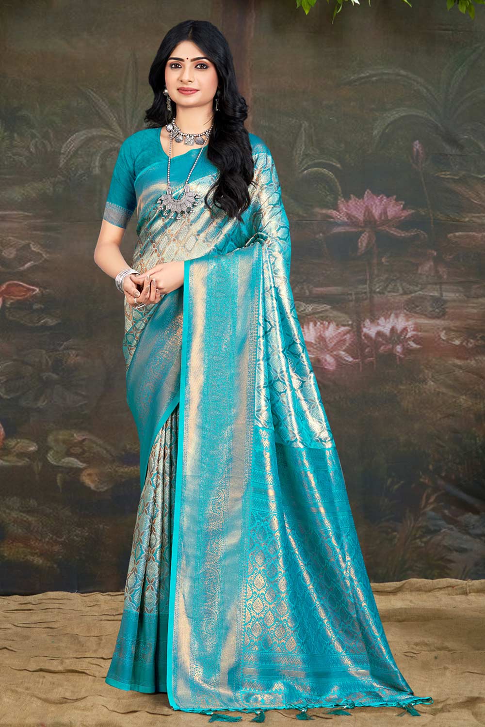 Teal Kanjivaram Silk Woven Saree