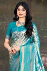 Teal Kanjivaram Silk Woven Saree