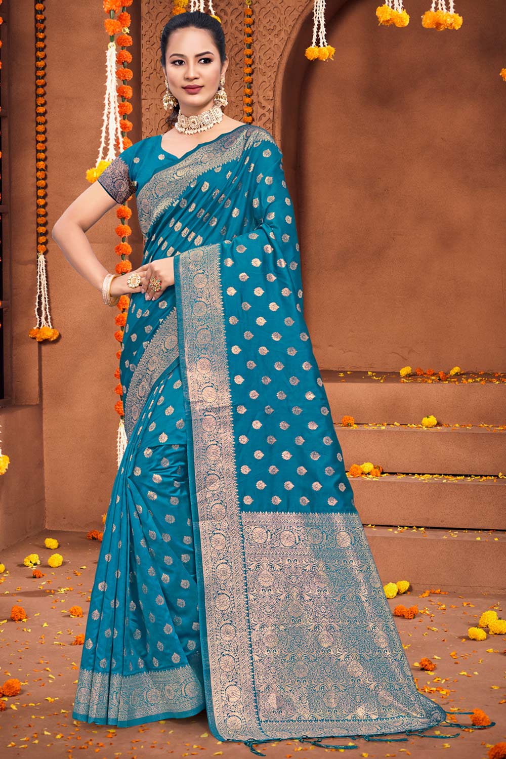 Teal Silk Woven Saree