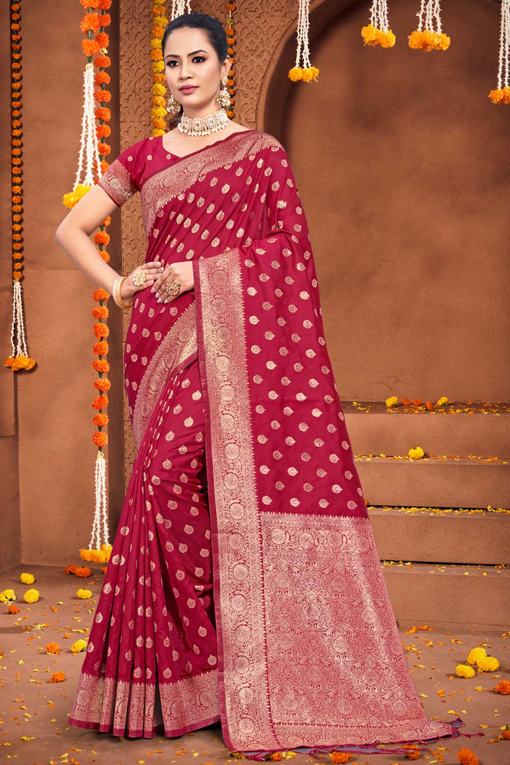 Maroon Silk Woven Saree