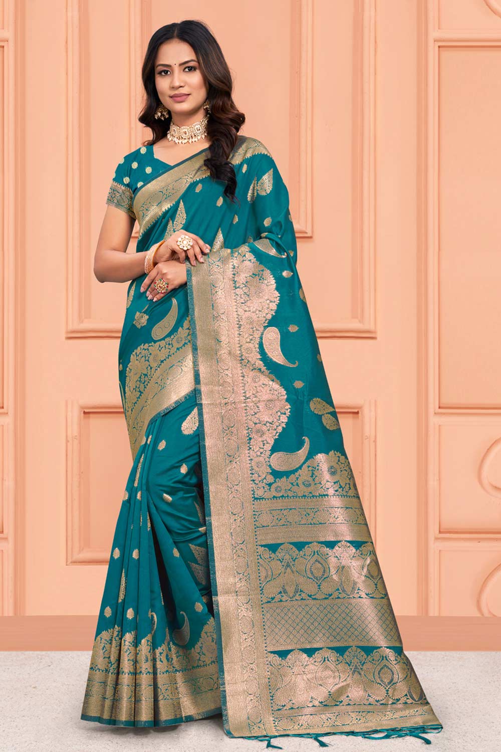 Teal Silk Woven Saree