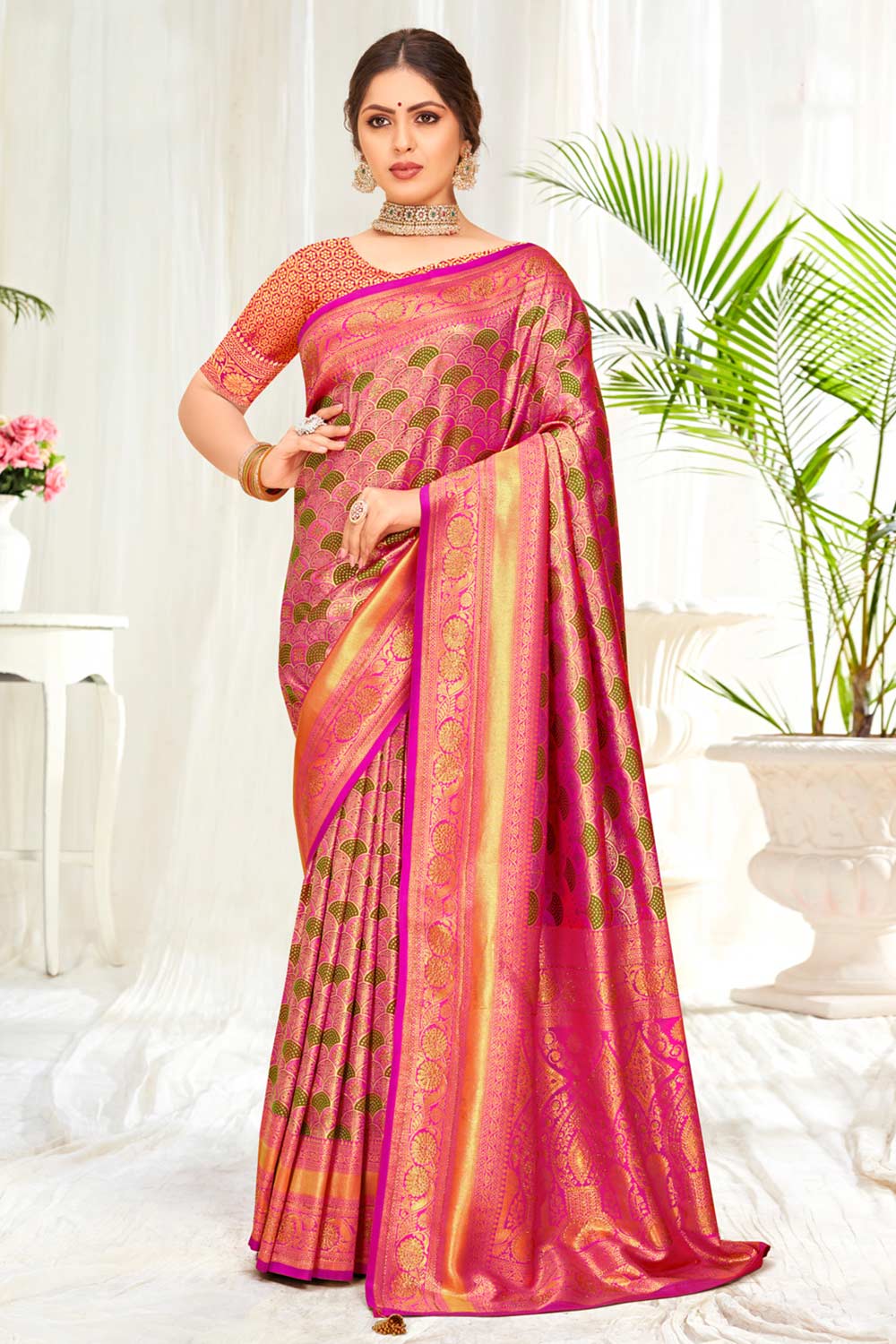 Pink Banarasi Silk Woven Saree