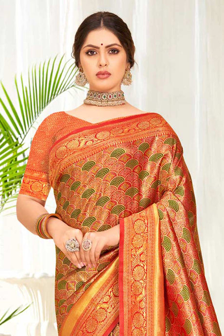 Orange Banarasi Silk Woven Saree