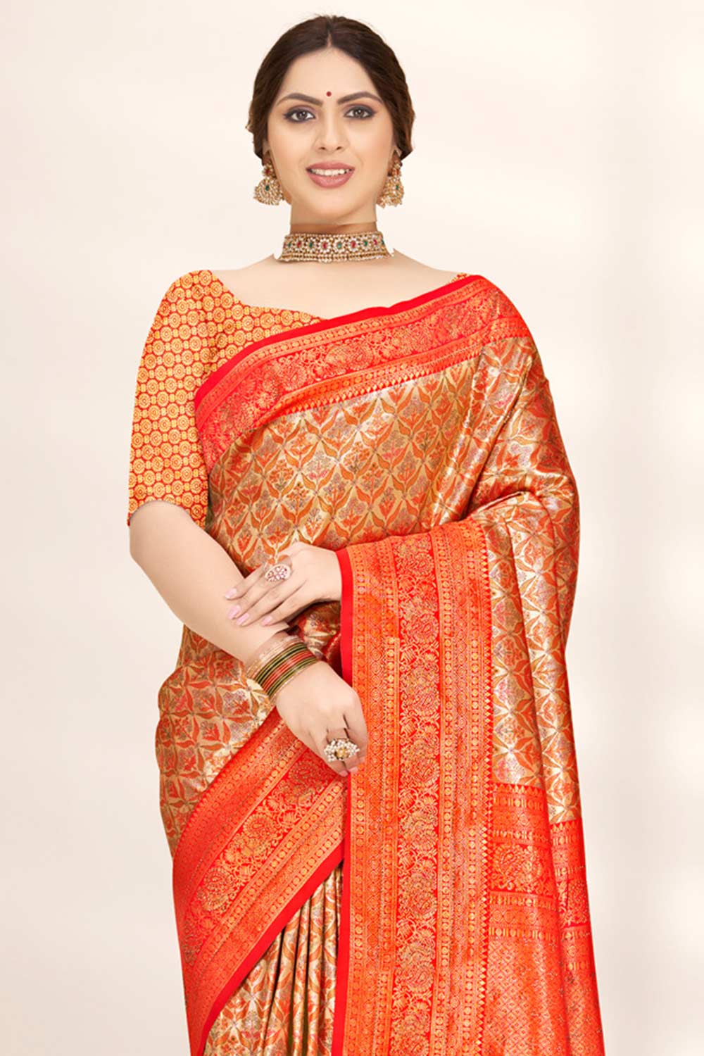 Orange Banarasi Silk Woven Saree