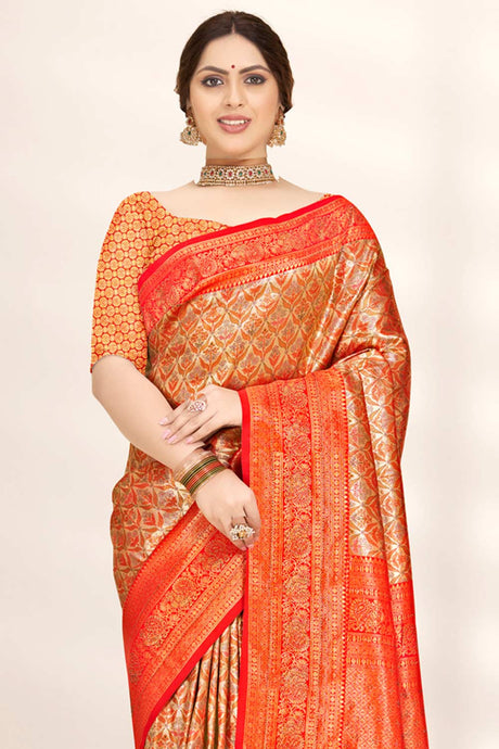 Orange Banarasi Silk Woven Saree