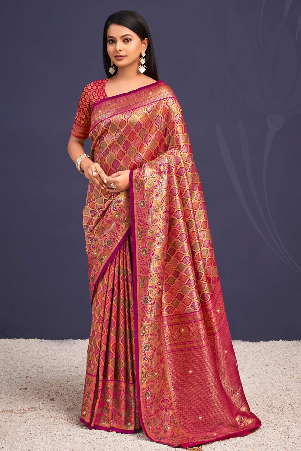 Orange Banarasi Silk Woven Saree