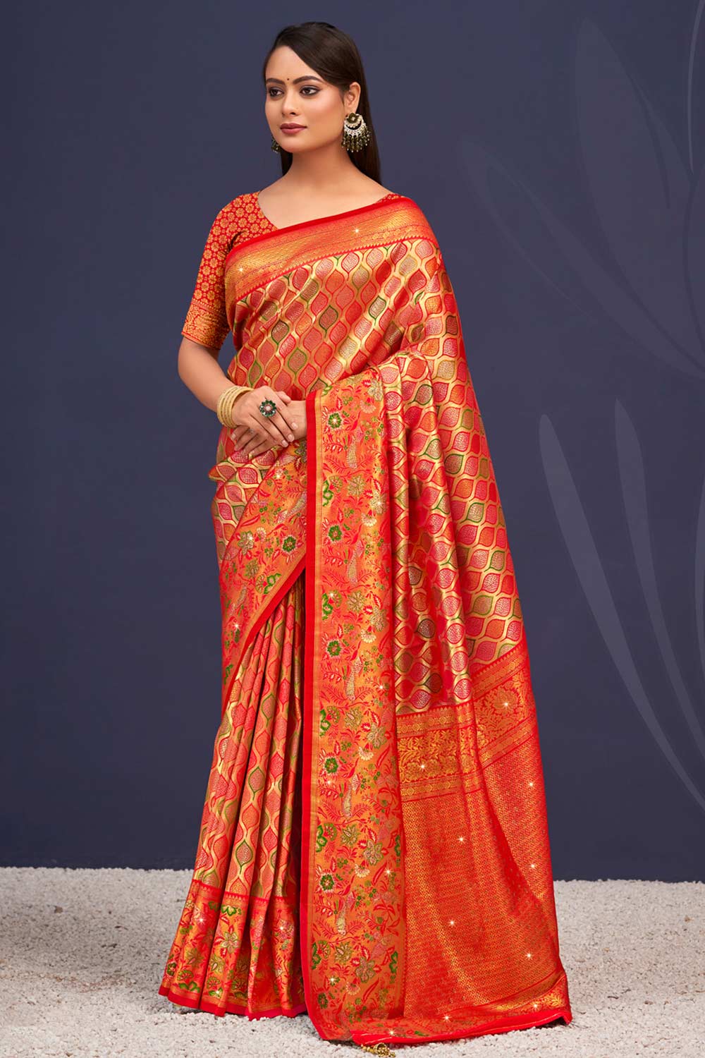 Orange Banarasi Silk Woven Saree