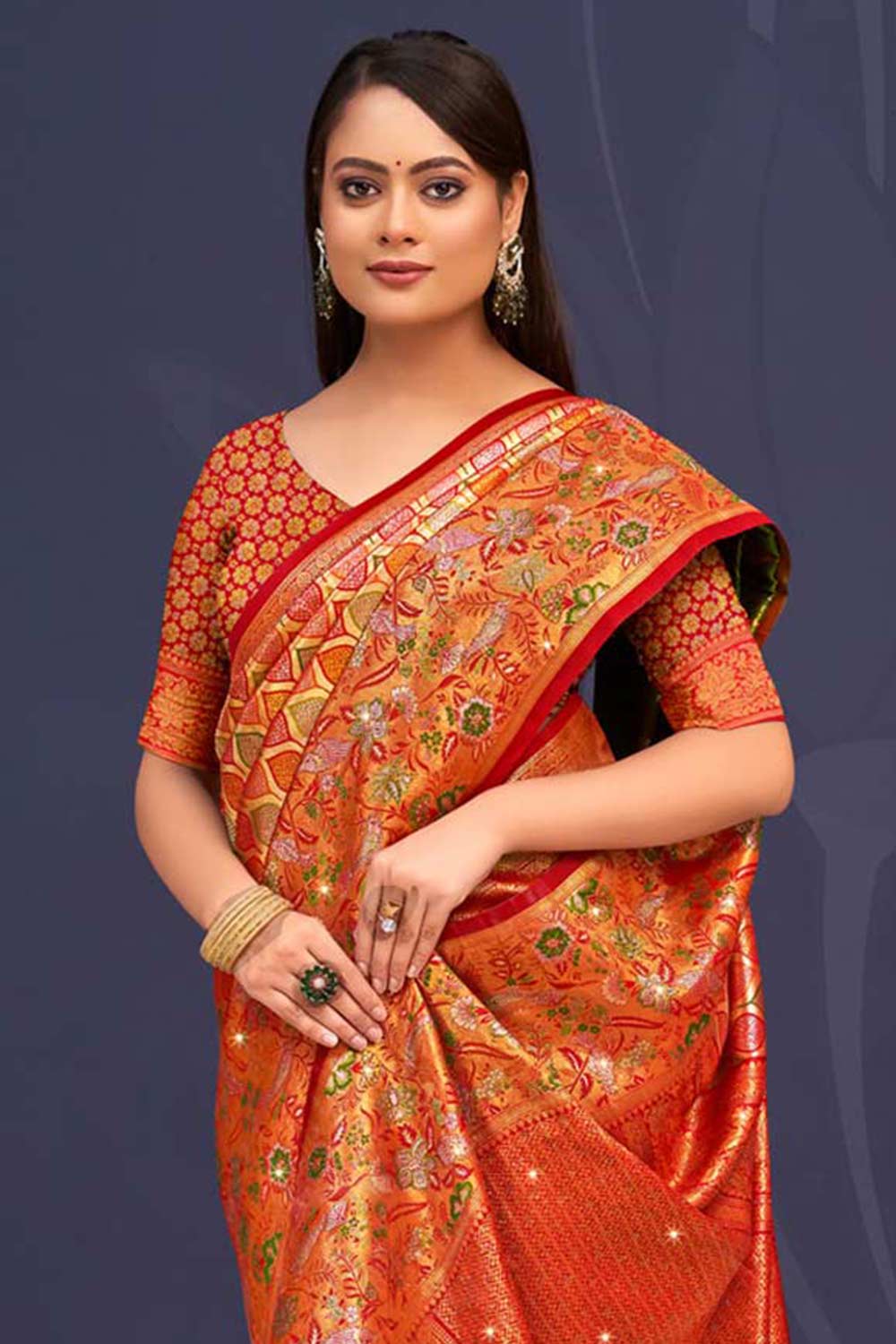 Orange Banarasi Silk Woven Saree