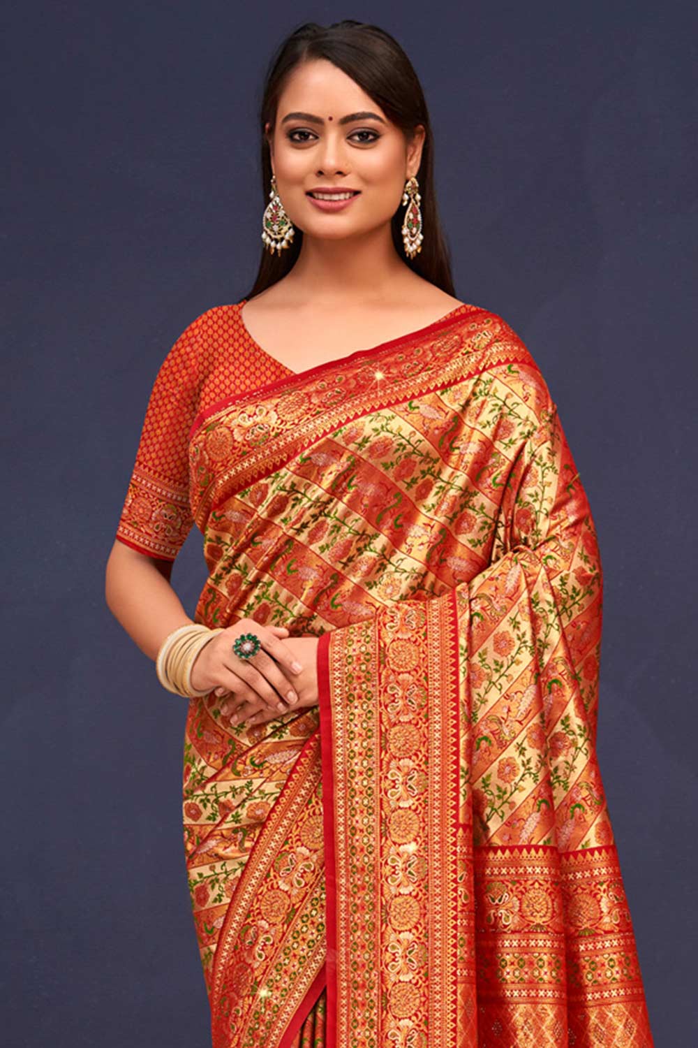 Orange Banarasi Silk Woven Saree