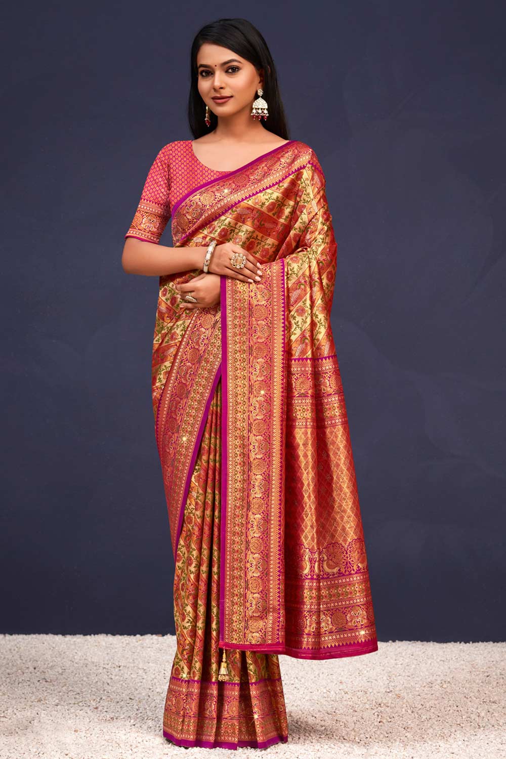 Orange Banarasi Silk Woven Saree