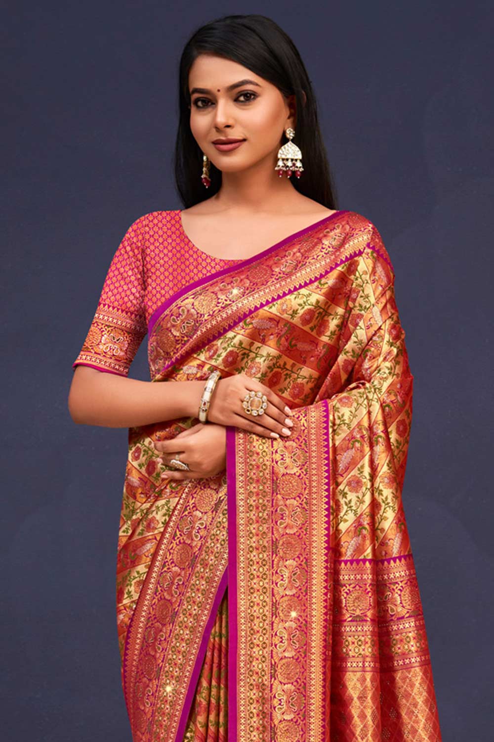 Orange Banarasi Silk Woven Saree