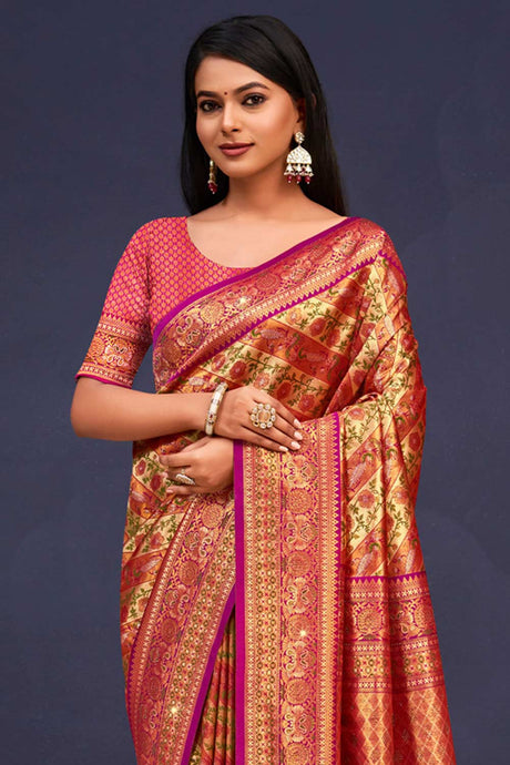 Orange Banarasi Silk Woven Saree