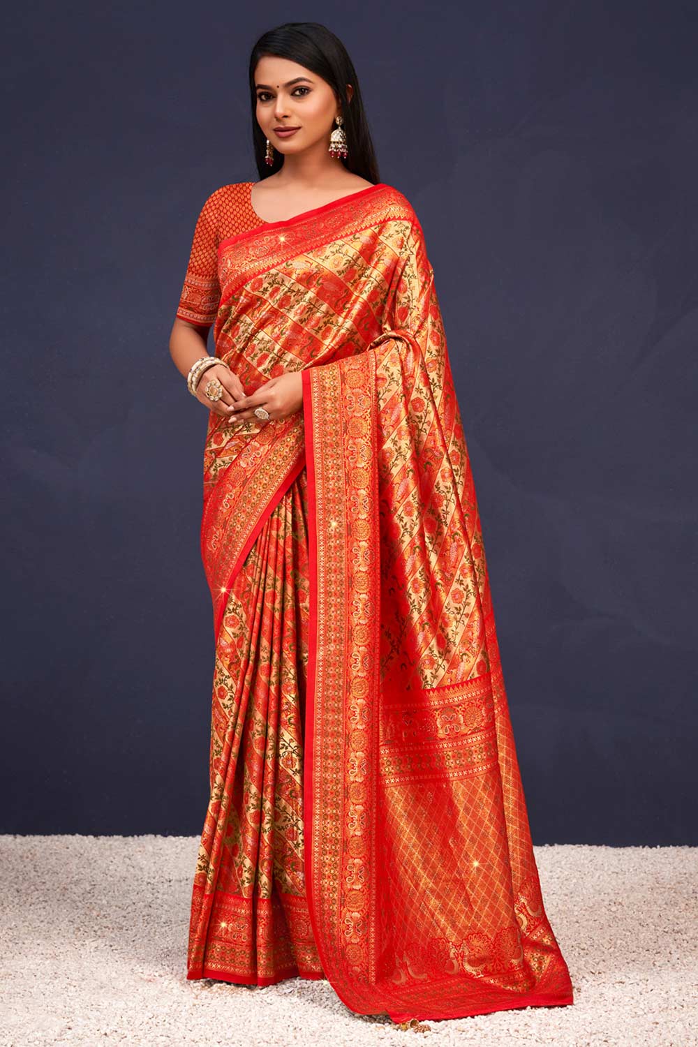 Orange Banarasi Silk Woven Saree