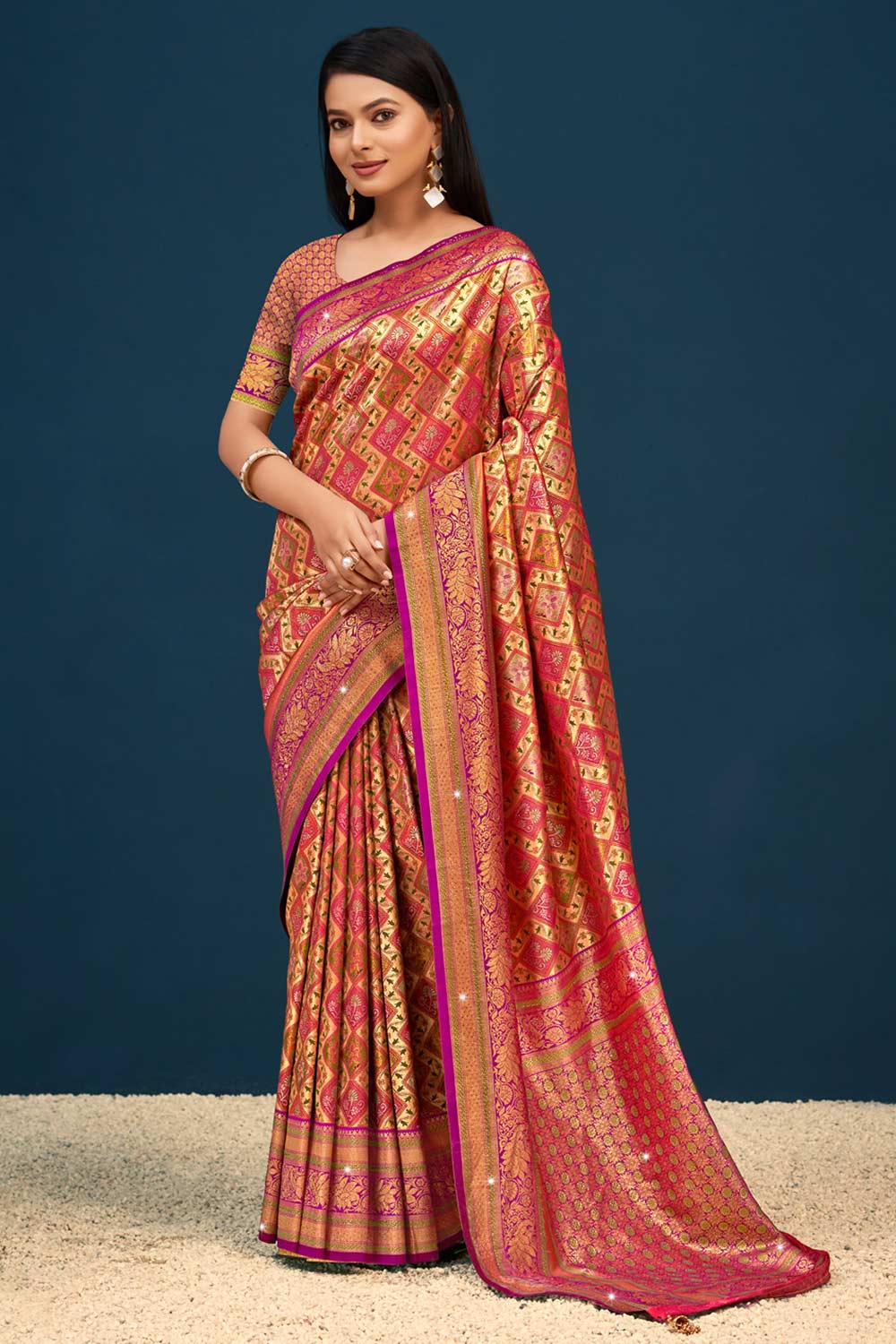 Orange Banarasi Silk Woven Saree