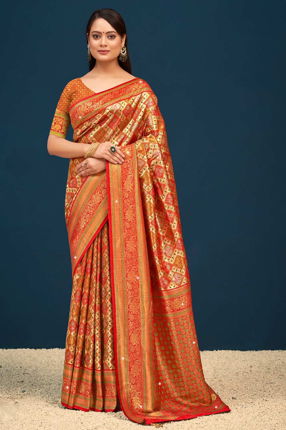 Orange Banarasi Silk Woven Saree