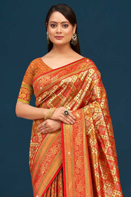 Orange Banarasi Silk Woven Saree