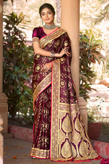 Purple Satin Silk Woven Saree