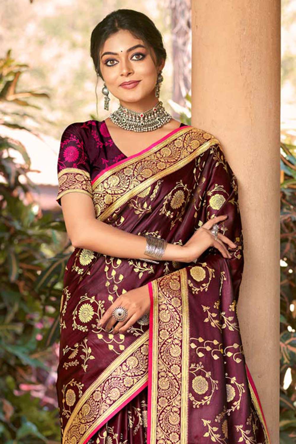 Purple Satin Silk Woven Saree