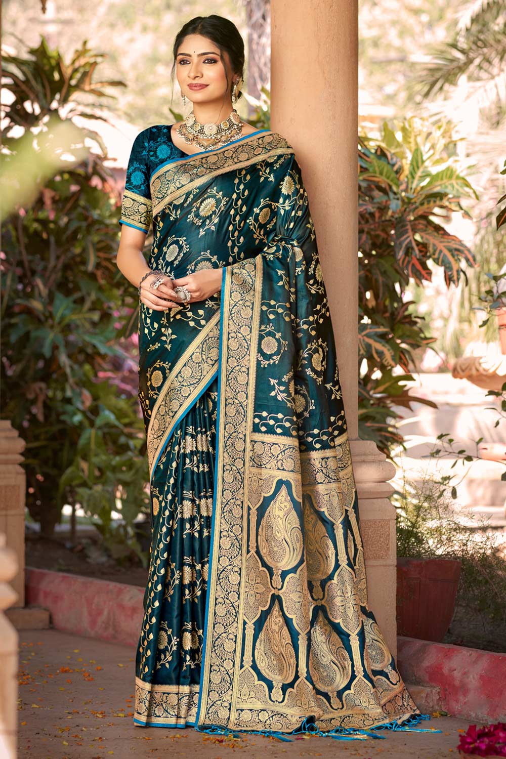 Teal Satin Silk Woven Saree