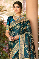 Teal Satin Silk Woven Saree