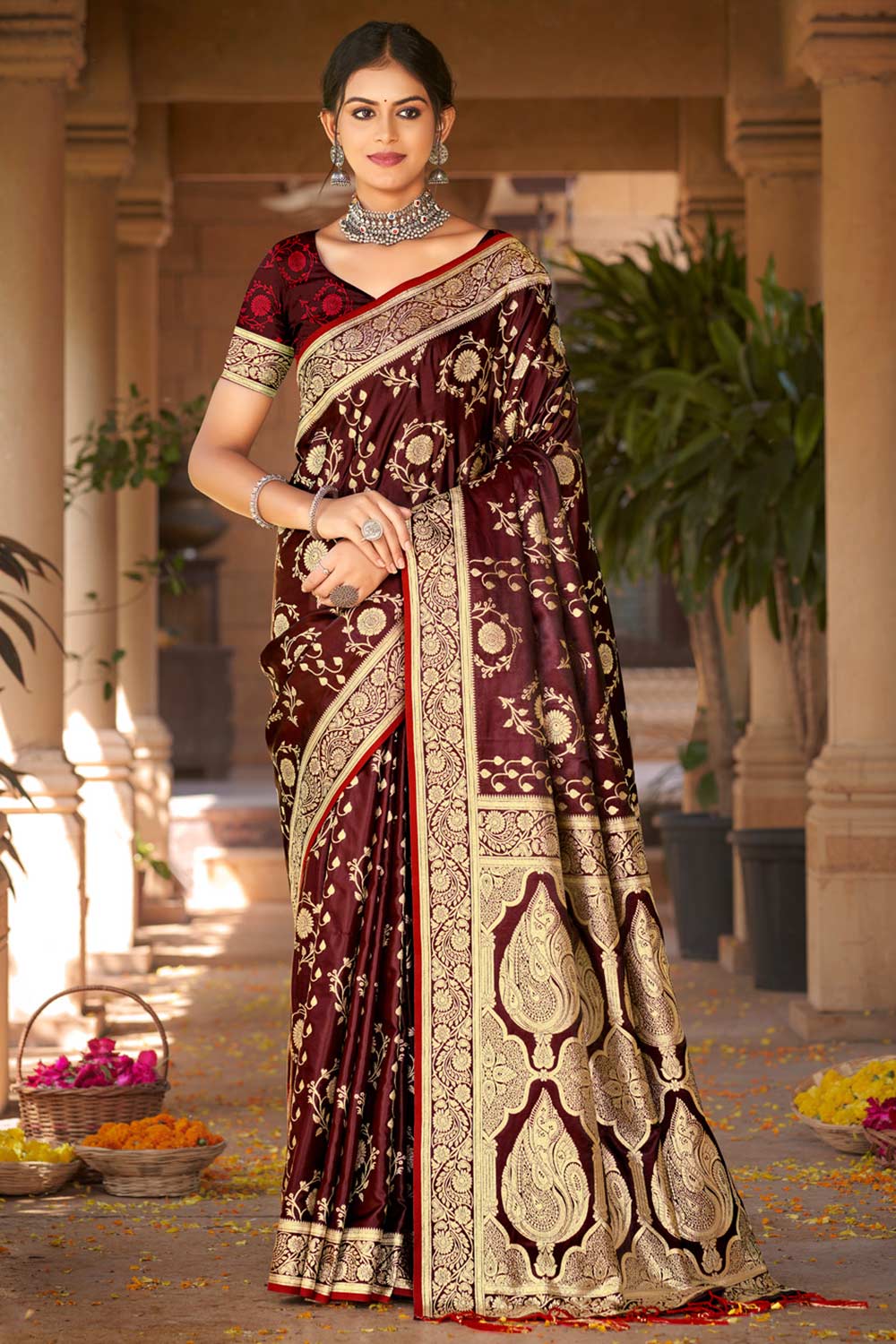 Maroon Satin Silk Woven Saree