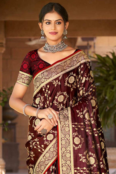 Maroon Satin Silk Woven Saree