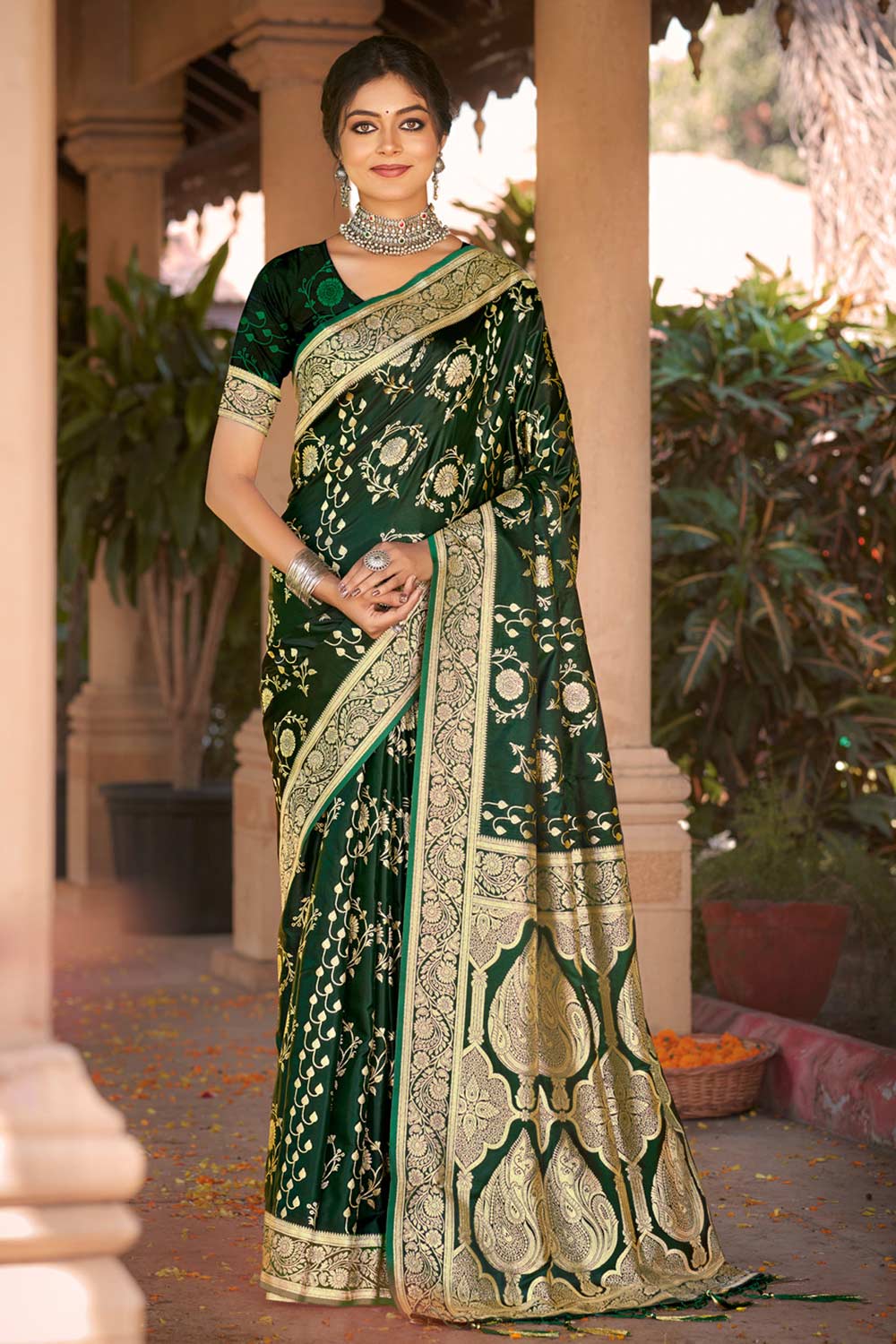 Green Satin Silk Woven Saree